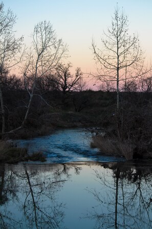 Ein ruhiger Fluss mit Spiegelungen von Bäumen und blauem Himmel.