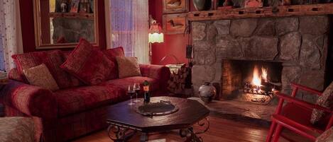 Smart TV, fireplace, books