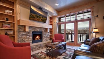 Smart TV, fireplace, books