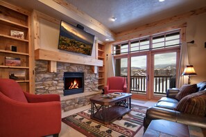 Smart TV, fireplace, books