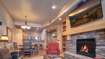 Smart TV, fireplace, books
