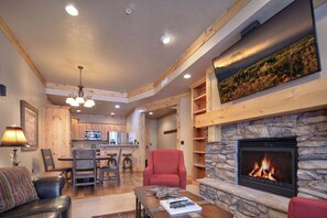 Smart TV, fireplace, books