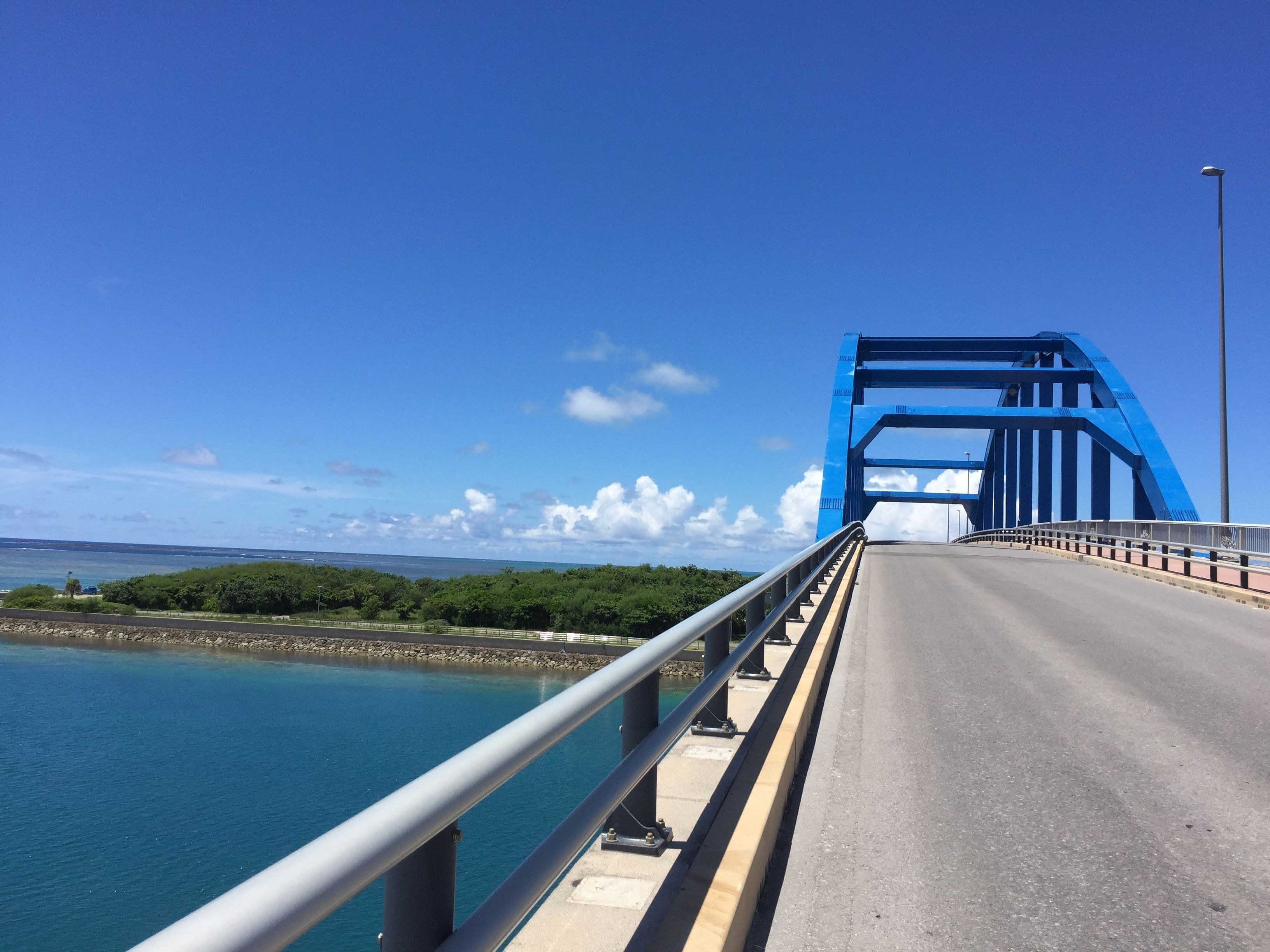 Un puente azul con una carretera y barandillas, que da vistas a una masa de agua y vegetación.