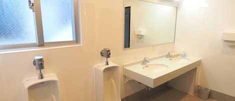 A modern bathroom with two urinals, a sink, and a mirror.
