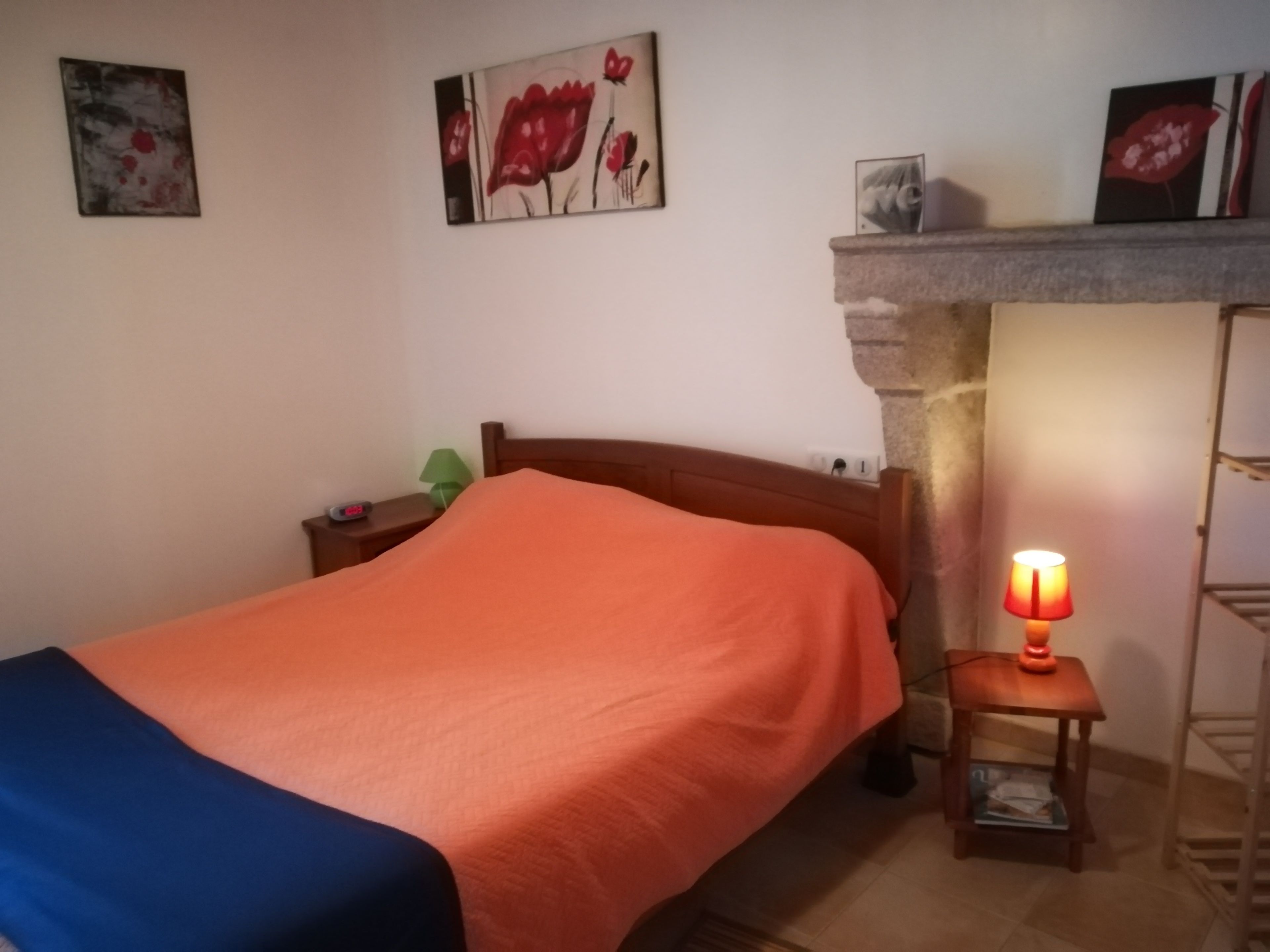 A bedroom with a bed, a nightstand, a lamp, and a fireplace.
