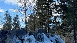 Une cascade d’eau qui dévale des rochers dans une zone boisée.