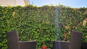 Two wicker chairs facing each other with a small table in between, set against a wall covered in green ivy.