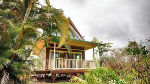 Una casa de madera con balcón, rodeada de abundante vegetación y palmeras.