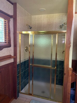 Shower, jetted tub, hair dryer, towels