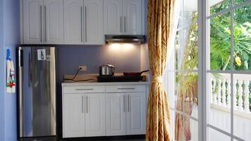 Fridge, microwave, oven, electric kettle