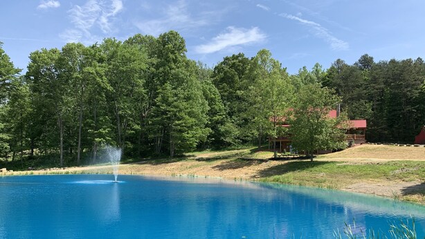 Una piscina azul cristalina con una fuente, rodeada de vegetación exuberante y árboles.