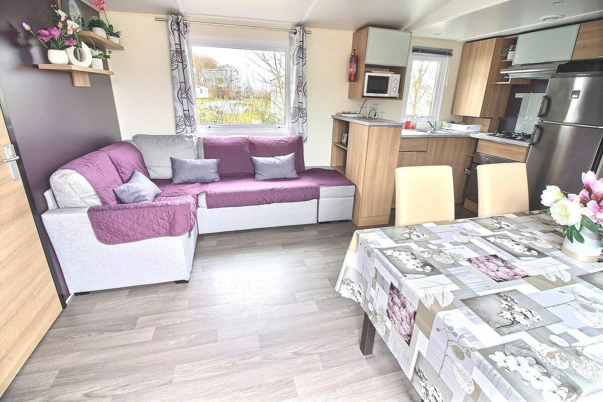 A compact living space with a sofa, a dining table, a kitchenette, and a window.