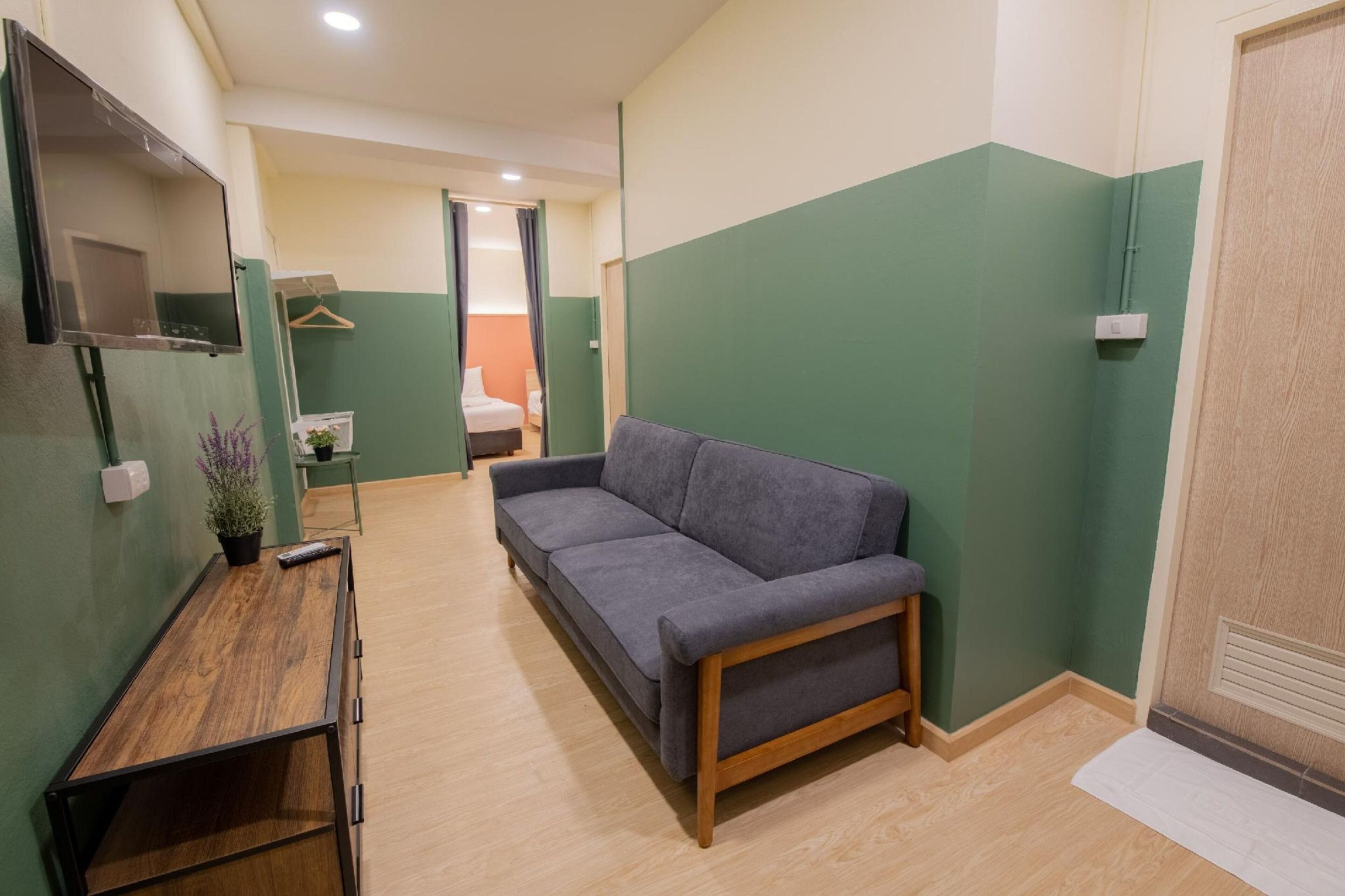 Habitación de hotel compacta con un sofá gris, una mesa de madera con planta en maceta y un televisor instalado en la pared.