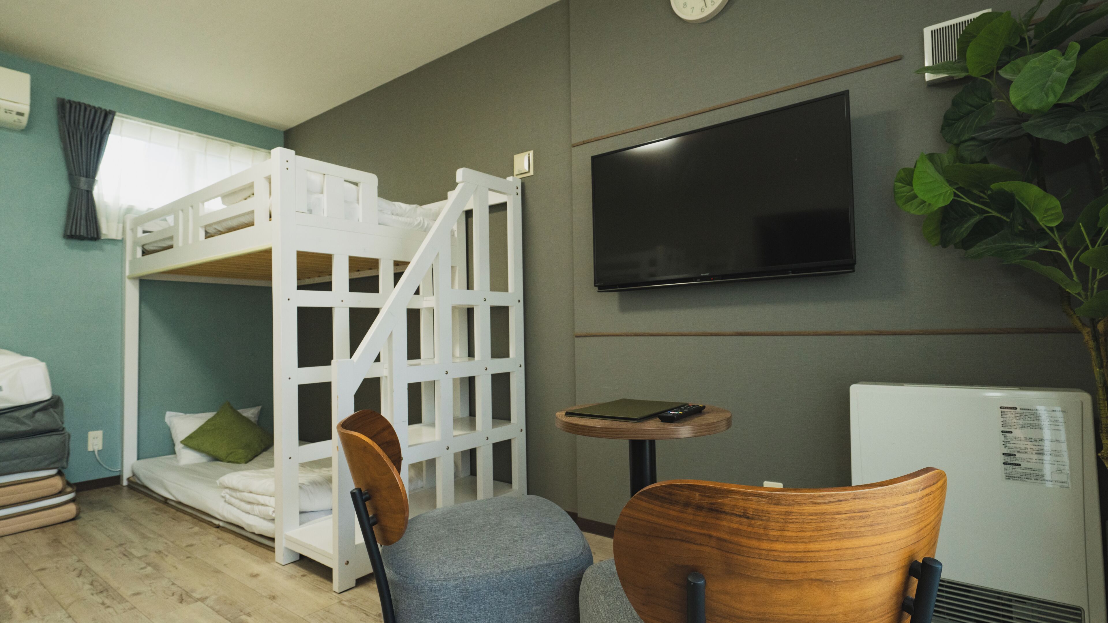 A room with a bunk bed, a flat-screen TV, a small table, a chair, and a plant.