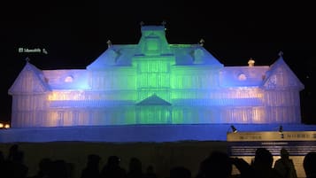 An illuminated ice sculpture of a building at night.