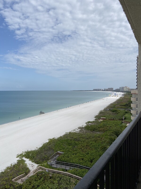 A beach view from a balcony overlooking a sandy beach with a clear sky. - Seawinds Beach Front Watch the Dolphins go by ! (Marco Island)
