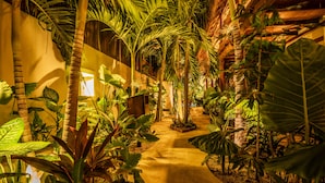 A well-lit indoor garden with a concrete pathway, surrounded by various tropical plants and palm trees. - Hotel Boutique TerraNova (Tulum)