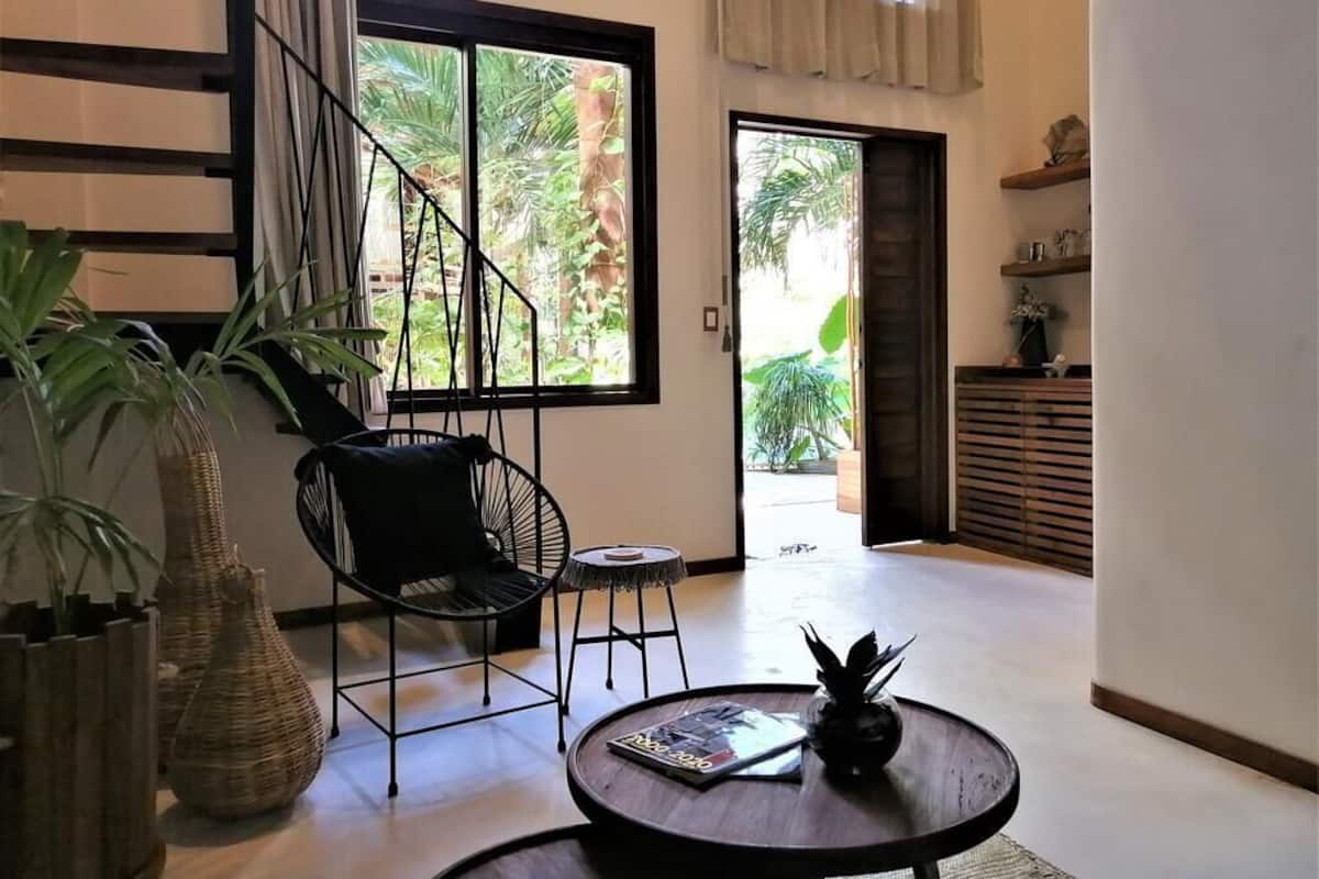 Un moderno salón con un gran ventanal, una silla negra, una mesita y una planta en maceta.