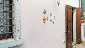 A pink wall with decorative fish-shaped ornaments, a window with metal bars, and a wooden door. - Casa Canevini Garda (Garda)