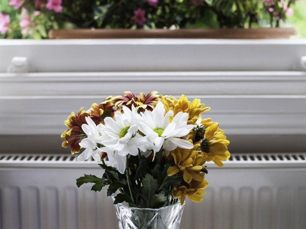 A bouquet of flowers in a clear glass vase on a white radiator.