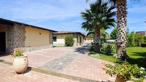 A courtyard with a paved walkway, stone pillars, and palm trees. - Amarcord (Spezzano Albanese)