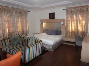 Desk, laptop workspace, free WiFi, bed sheets