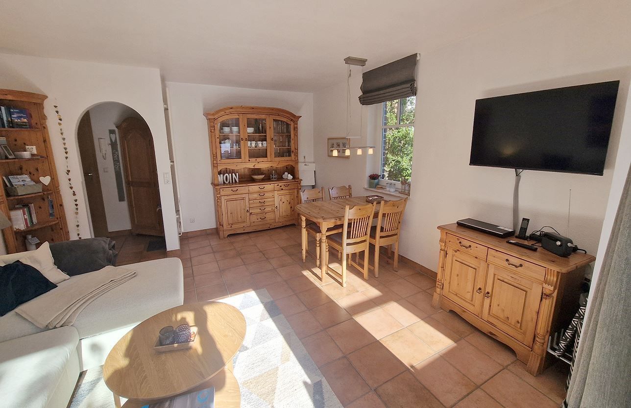 Een woonkamer met een bank, salontafel en een televisie. Er is een eethoek met een tafel en stoelen, en een keuken met kastjes en een raam.