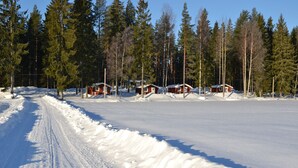 Un paysage enneigé avec des chalets et un ciel dégagé.