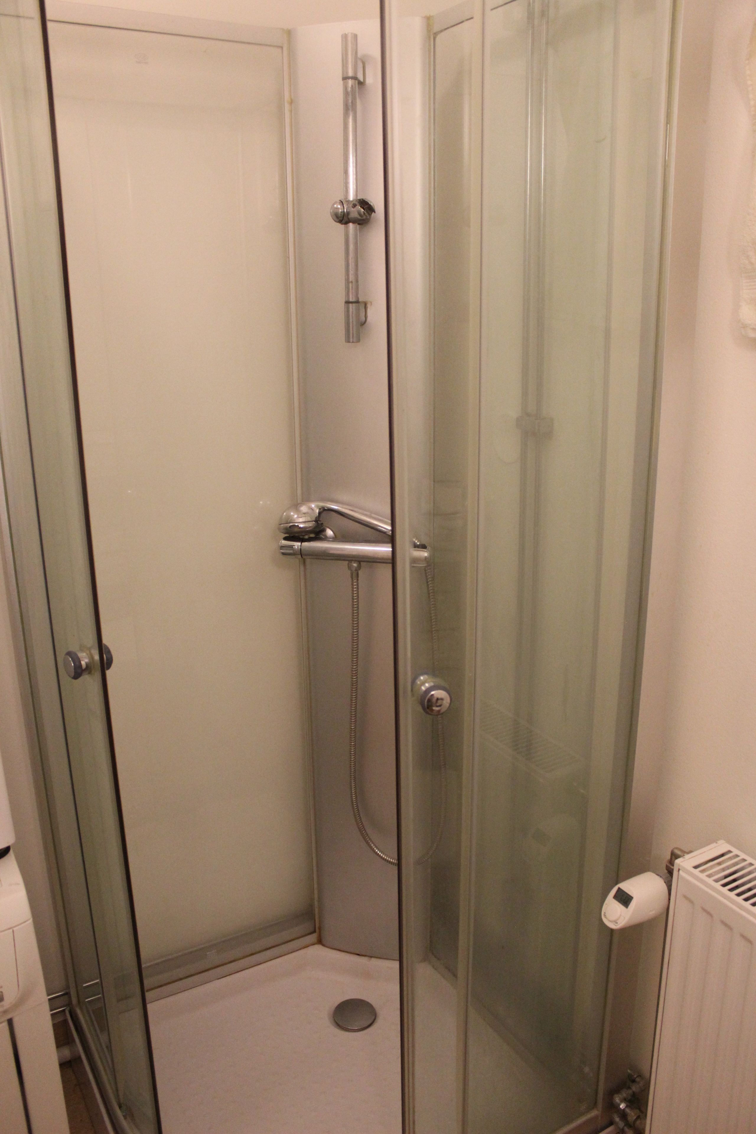 A glass-enclosed shower stall with a handheld showerhead, a control panel, and a towel rack.