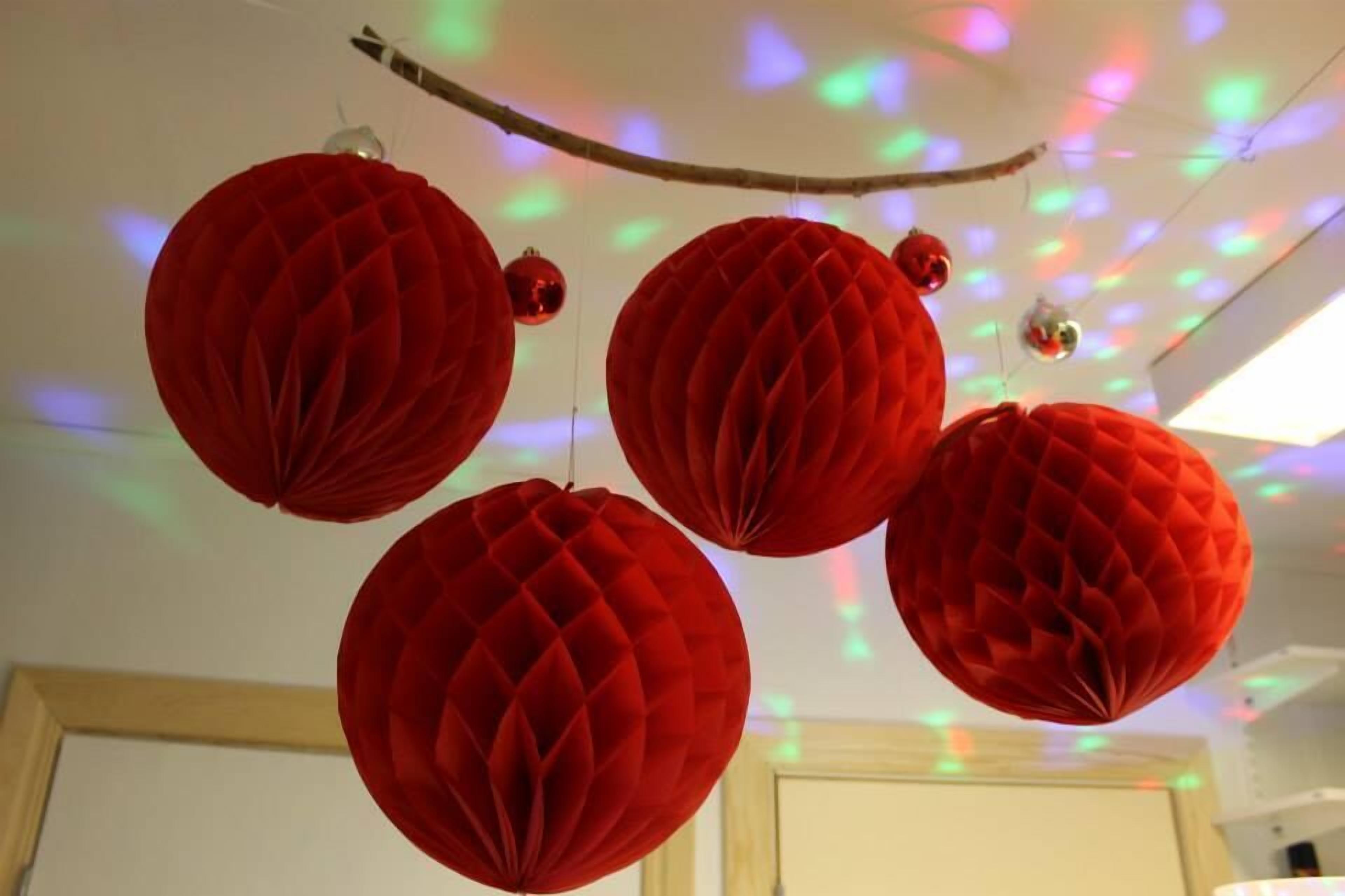Red paper lanterns hanging from a branch.