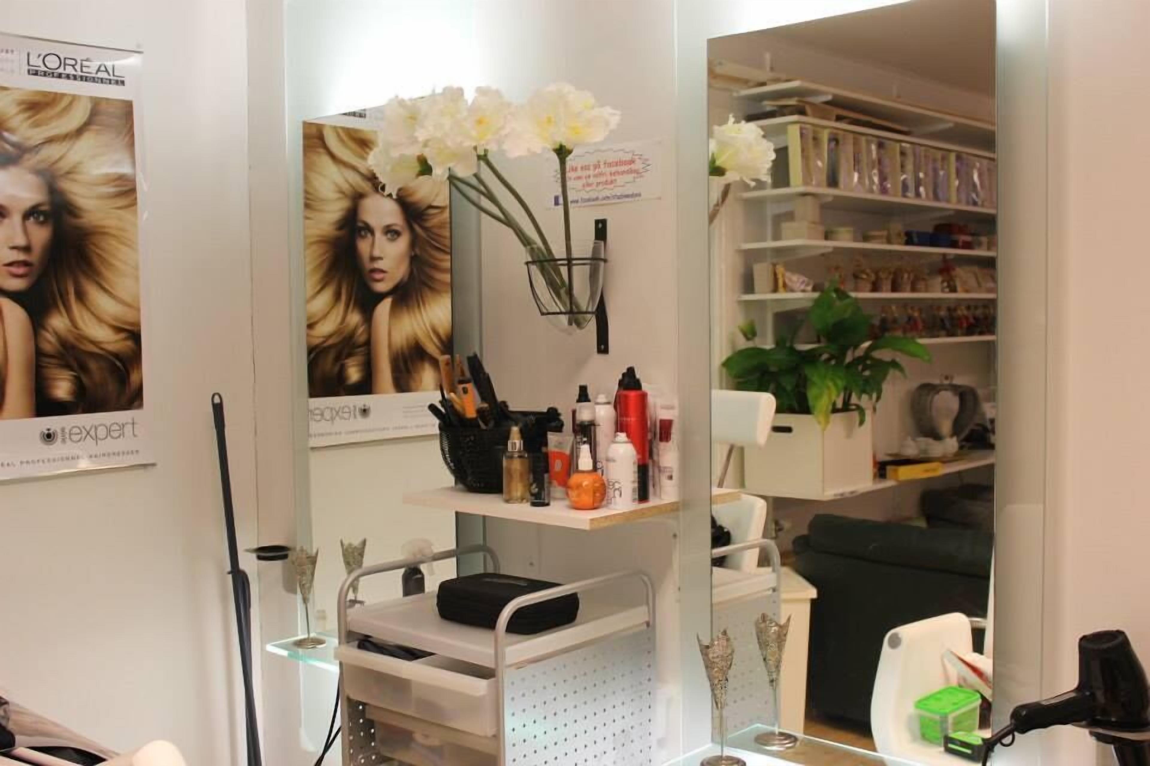 Interior d'un saló de bellesa amb un mirall, prestatges amb productes capil·lars, una planta i un anunci de L'Oréal.