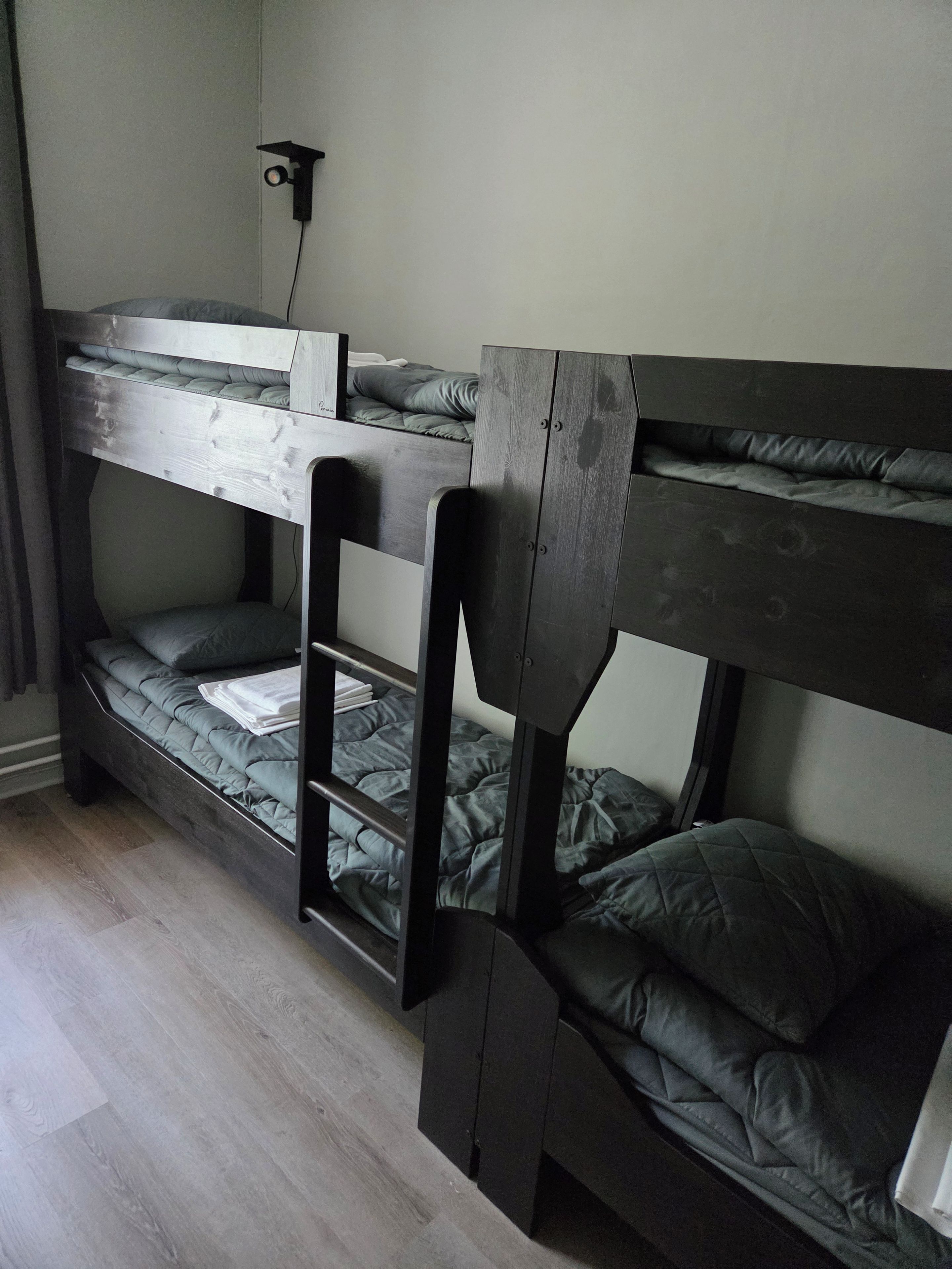 A bunk bed room with a ladder, a desk, and a wall-mounted lamp.
