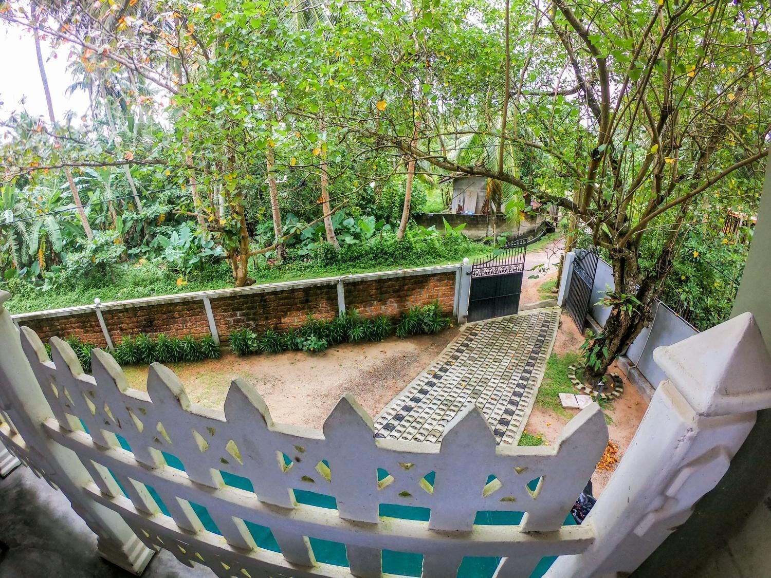 A view of a lush garden with a brick wall, a metal gate, and a white picket fence.