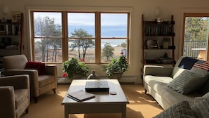 Ett vardagsrum med utsikt över stranden, två krukväxter, ett vitt soffbord och en beige soffa.