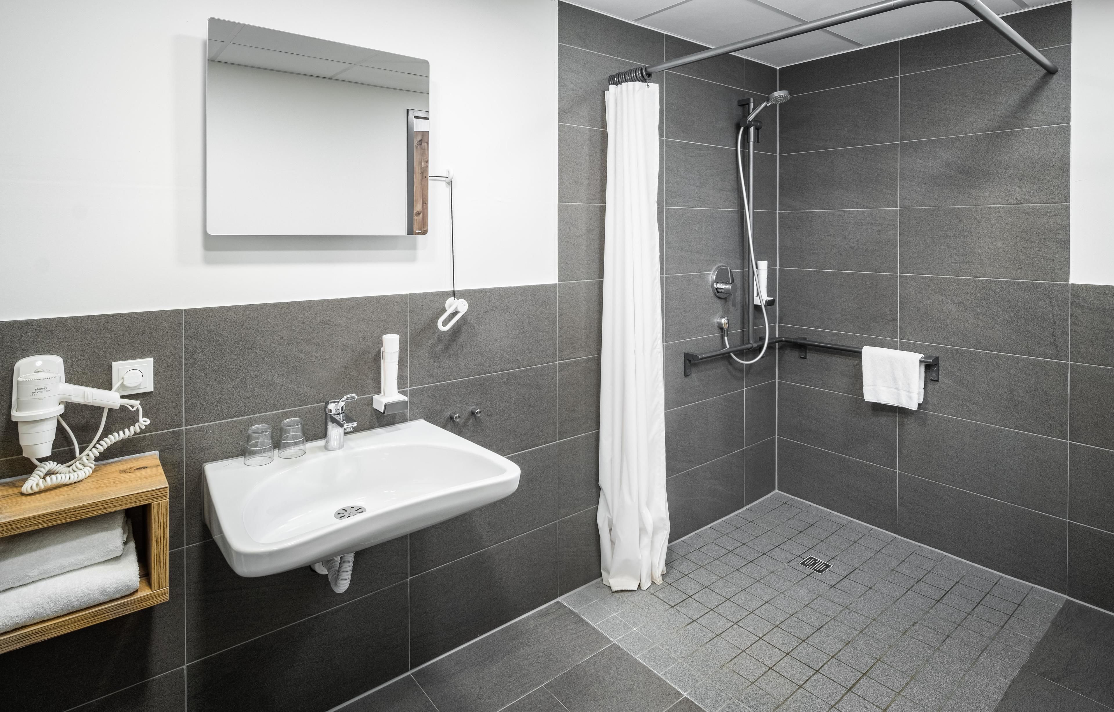 comfort double room (plus) | bathroom | shower, hair dryer, towels