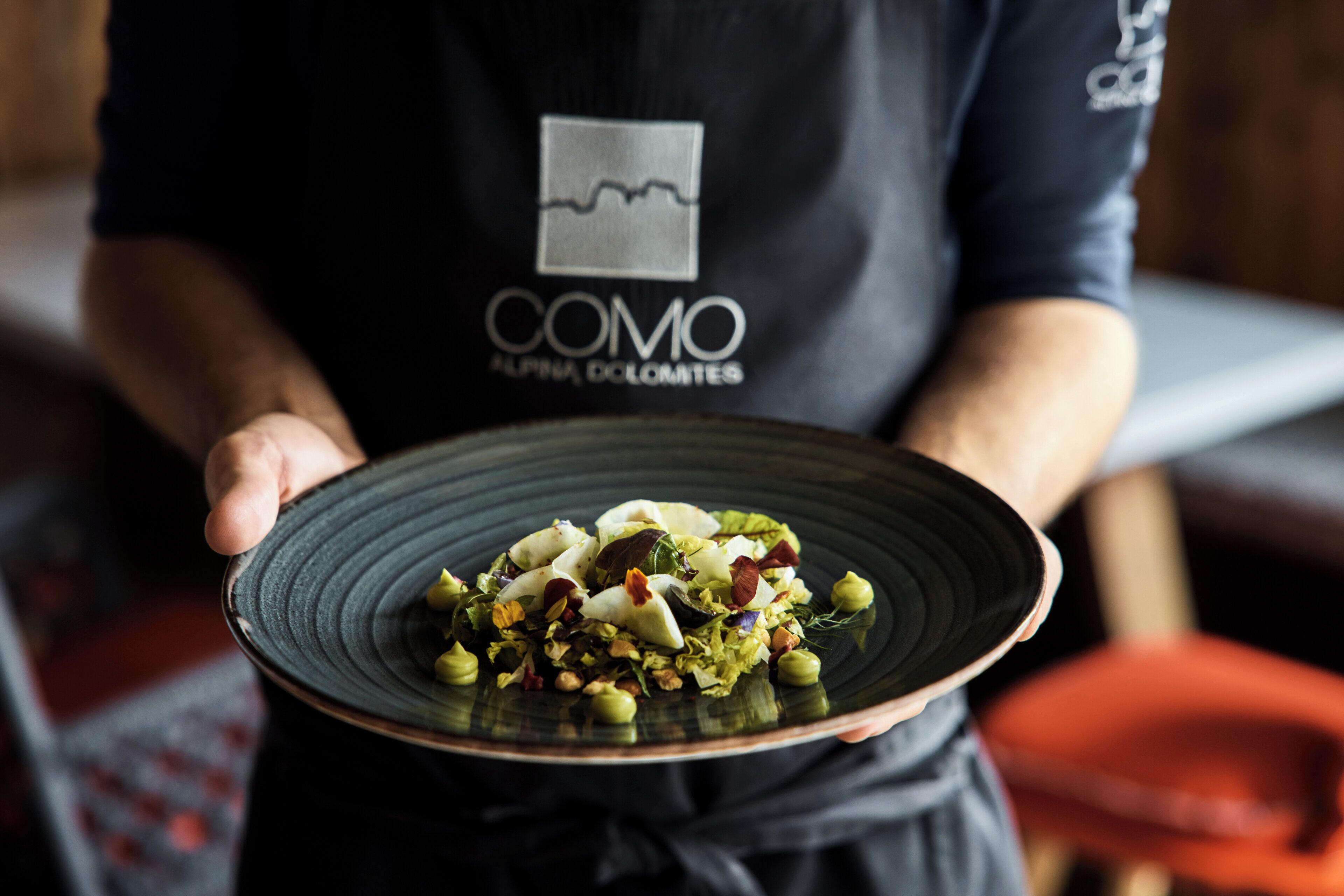 A person holding a plate with a dish.