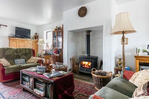 Una sala de estar acogedora con chimenea, televisión, estantería y asientos cómodos.