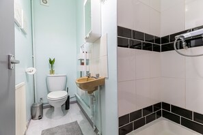 Departamento clásico, 1 cama matrimonial y sofá cama, vista a la ciudad | Baño | Regadera, amenidades de baño gratuitas, secadora de cabello, toallas 