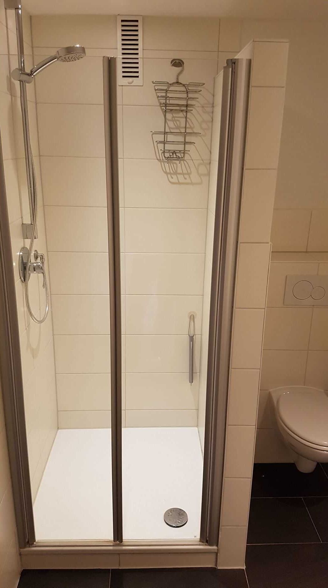Ducha con cerramiento de vidrio, cabezal de ducha manual y toallero de pared.