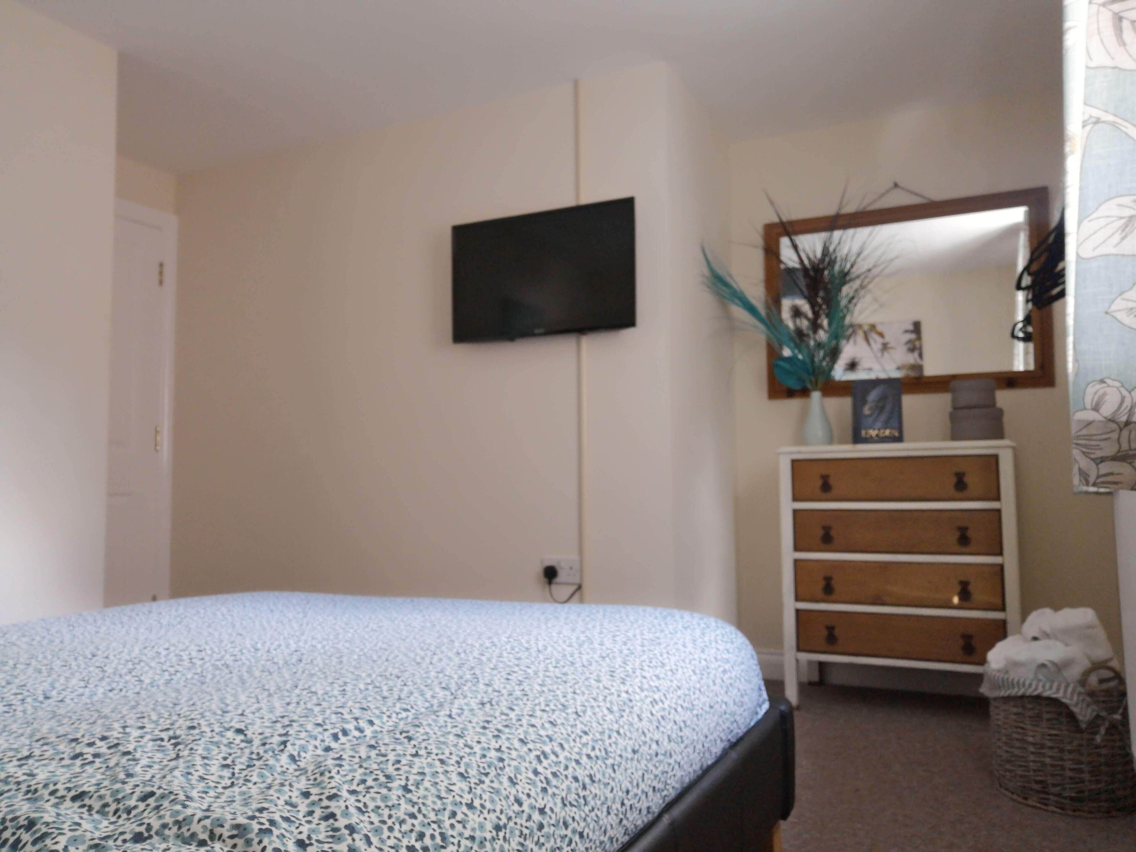 A bedroom with a bed, a dresser, a television, and a mirror.