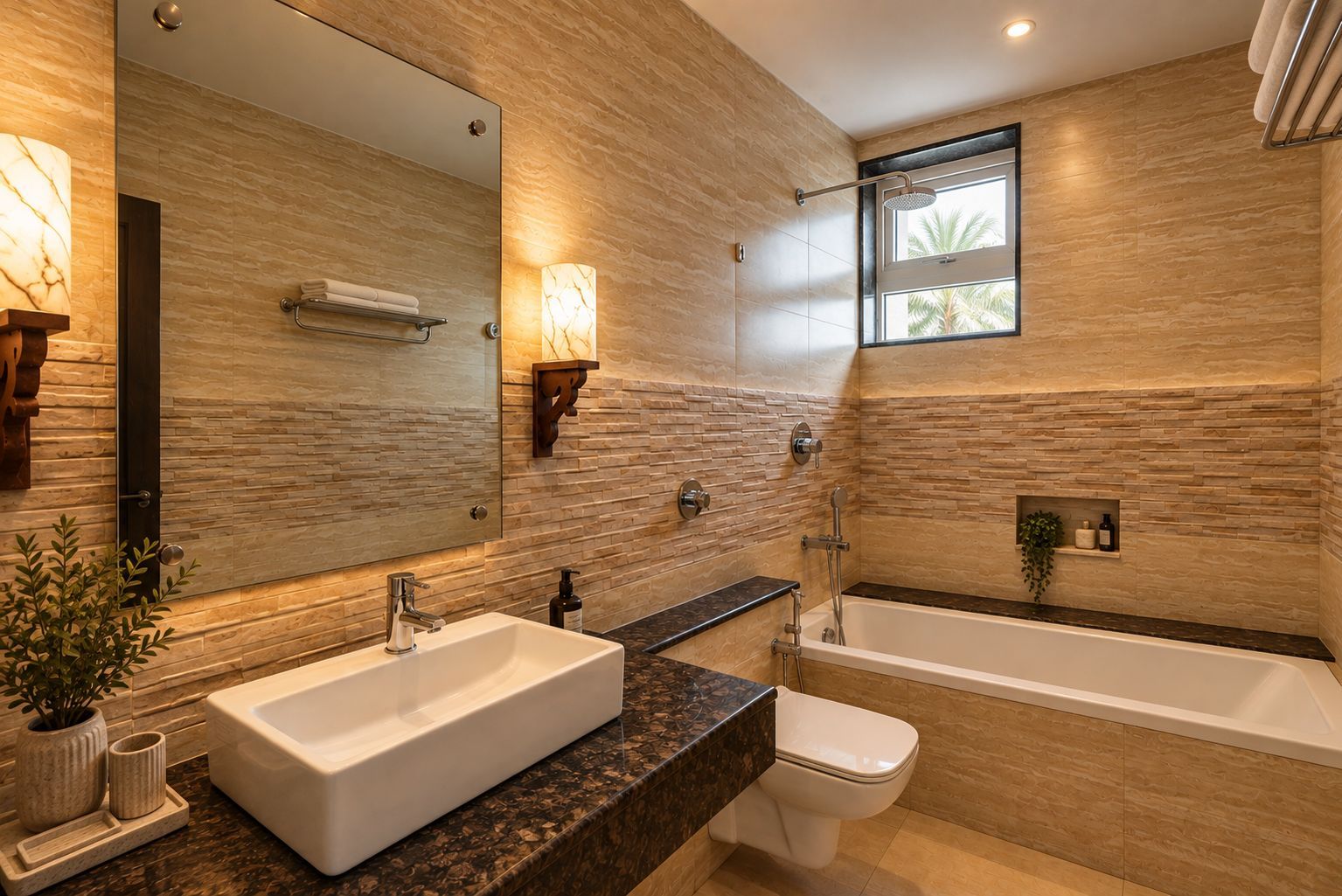 A modern bathroom with a large mirror, two sinks, a toilet, and a bathtub.