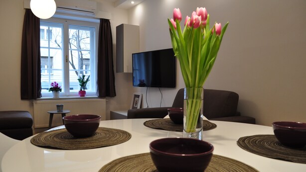 Leilighet – exclusive, byutsikt (Purple) | Oppholdsområde | En 40-tommers Flatskjerm-TV med kabel-kanaler samt LCD-TV