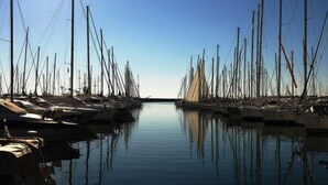 Ein Yachthafen mit zahlreichen Segelbooten, die am Wasser vertäut sind.