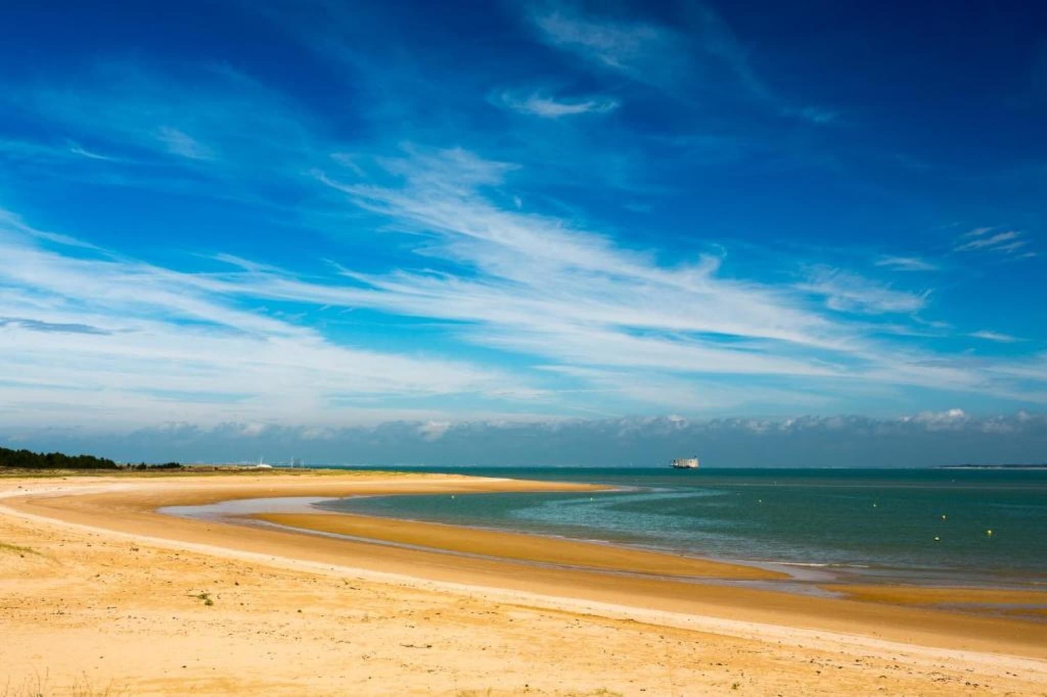 Ein Strand mit klarem Himmel und ruhiger See.