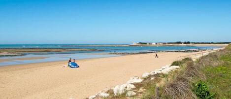 A sandy beach with a clear sky, rocky outcrops, and a few people.