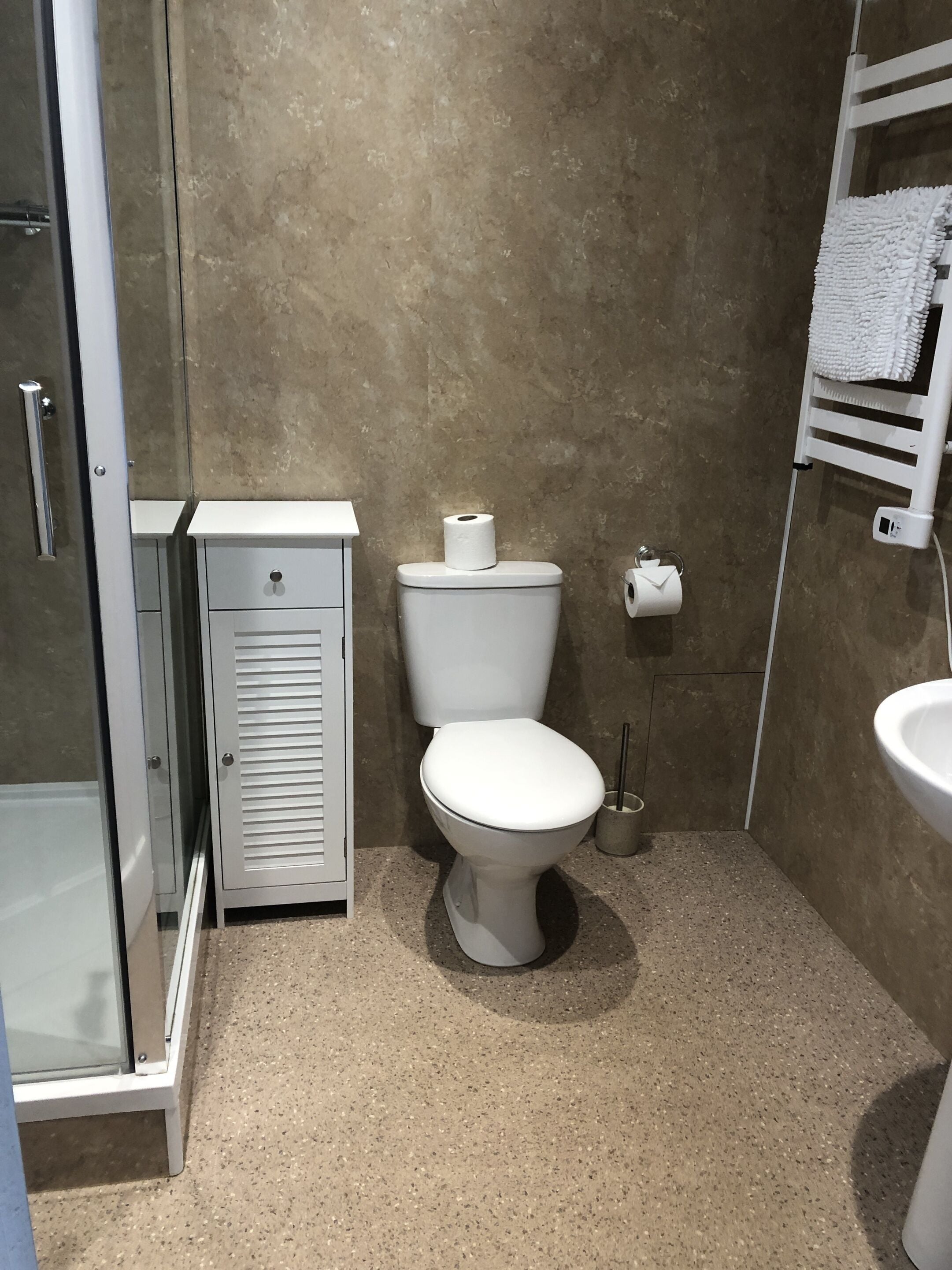 Et badeværelse med toilet, et lille skab, brusekabine i glas og en vask.