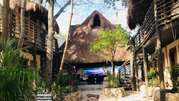 A pathway leading to a thatched-roof structure surrounded by trees and plants. - Hostal Boutique (Tulum)