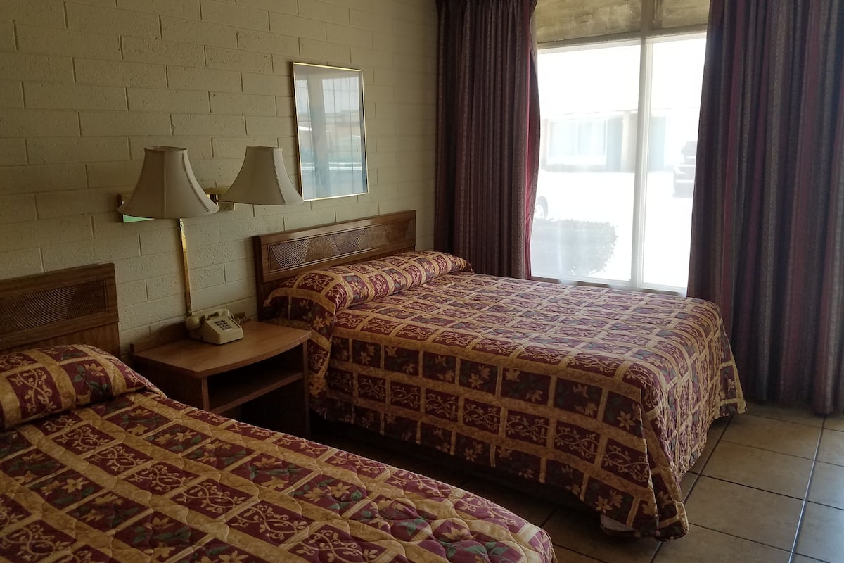 Quarto de hotel com duas camas, mesa de cabeceira, luminária, espelho e janela com cortinas.