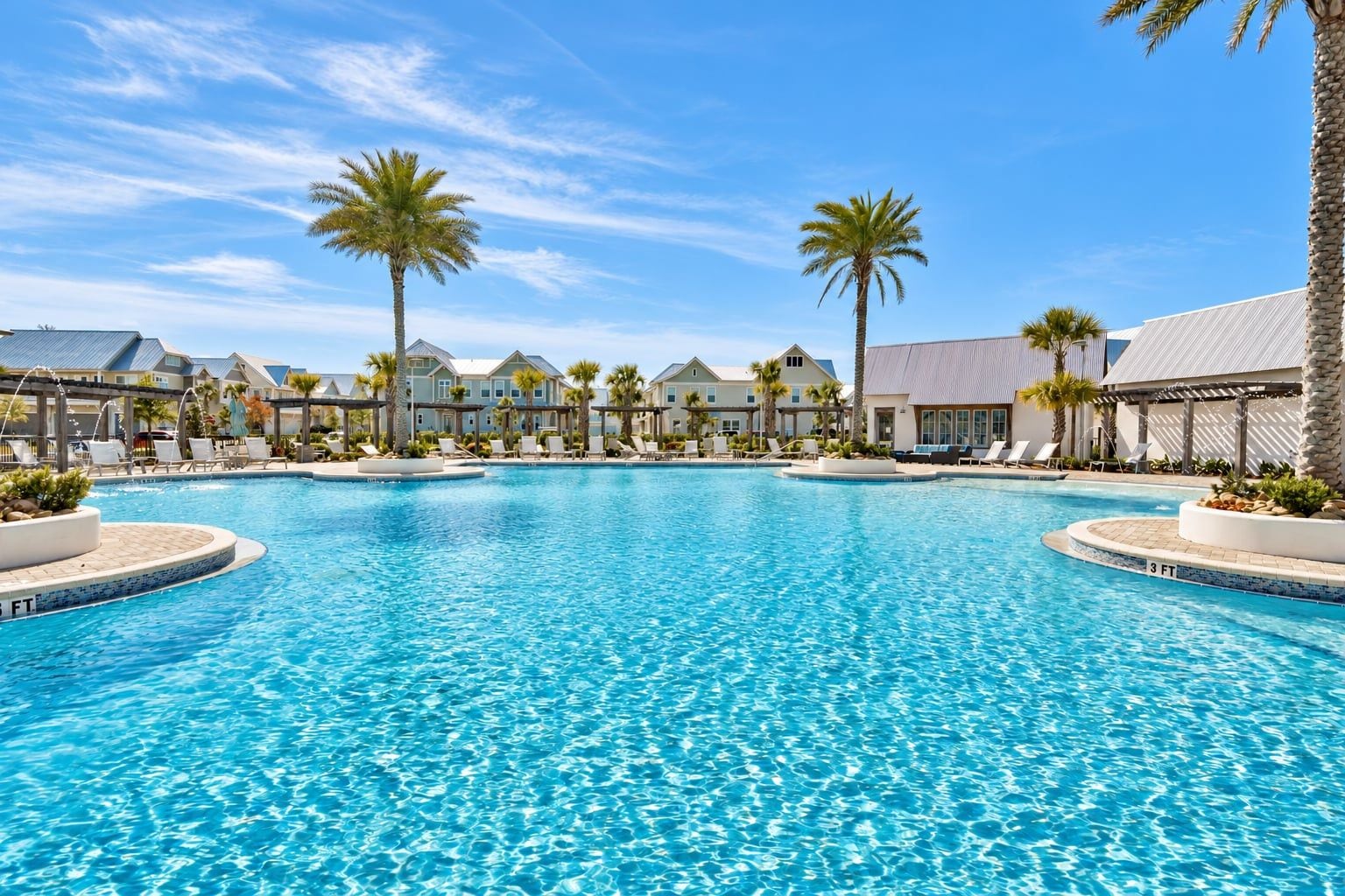 A large swimming pool with lounge chairs and palm trees, surrounded by resort-style buildings.