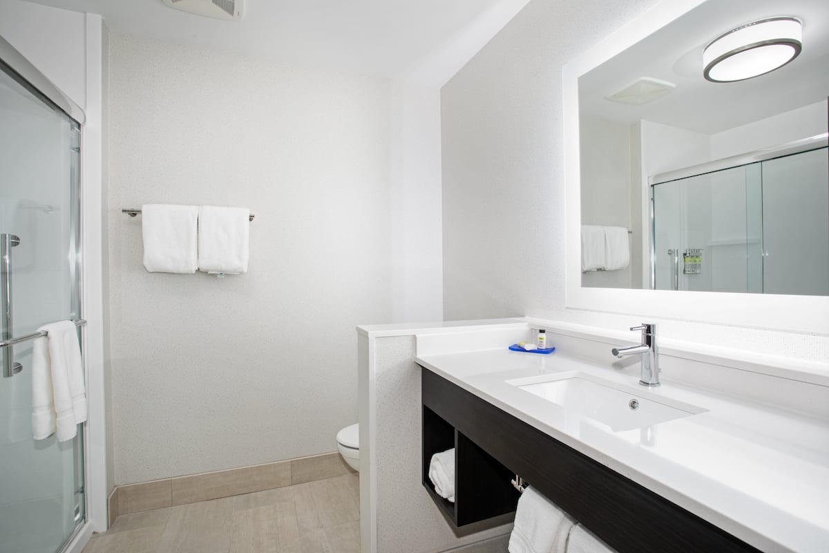 A modern bathroom with a glass shower enclosure, a white sink with a dark vanity, and a large mirror above the sink.